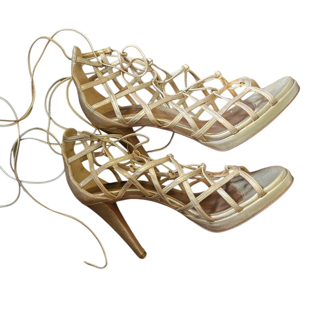 SERGIO ROSSI GOLD GLADIATOR LACE UP LEATHER SANDALS 7.5